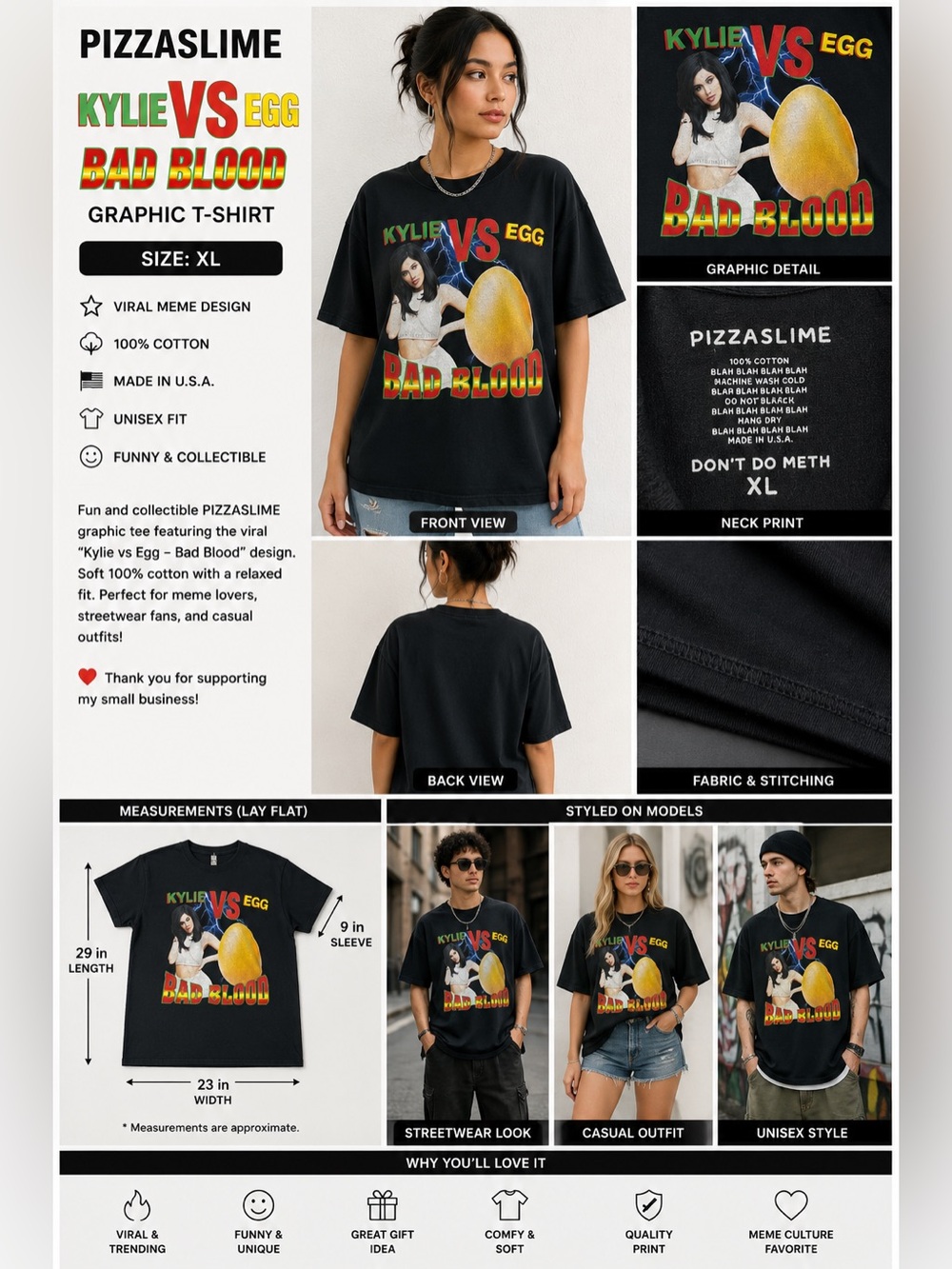 PIZZASLIME Kylie vs Egg Bad Blood Graphic T-Shirt XL Black Meme Tee Made in USA